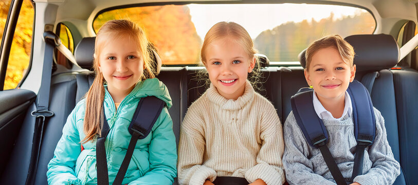 Two girls and a boy sitting in the back seats of a car