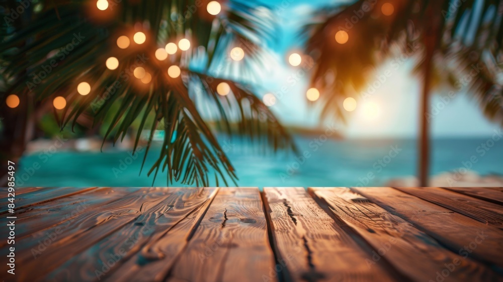 Aufkleber wooden table with palm leaves and beach background available for product placement in ai generated i