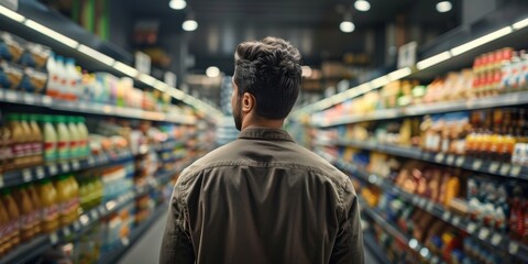 Fototapeta premium young man shopping in a supermarket seen from behind