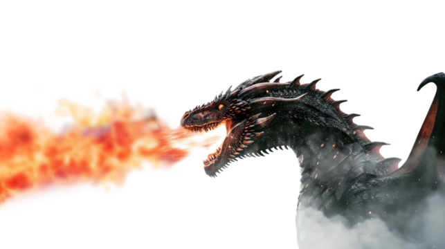 scaly dragon spitting fire from its mouth, transparent background
