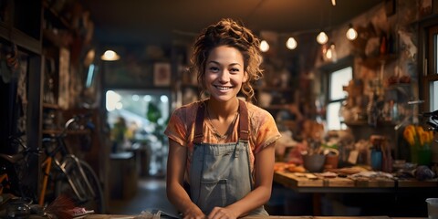 Fototapeta premium Portrait of a young woman working in a bicycle repair shop. Concept Workplace Portrait, Mechanic Woman, Bicycle Repair, Young Professional