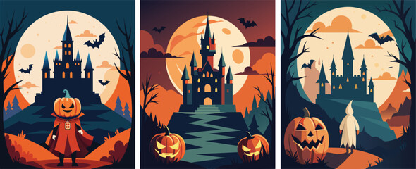 Happy Halloween. Vector illustrations of costume party, pumpkin, pattern.