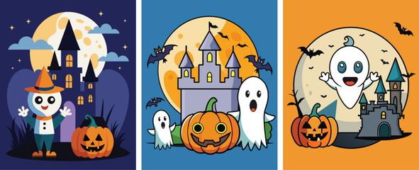 Happy Halloween. Vector illustrations of costume party, pumpkin, pattern.