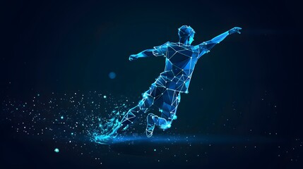 Abstract Futuristic Low Poly Soccer Player in Dynamic Motion with Holographic Glow and Sparkling Effects on Dark Background