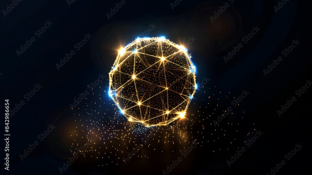 Poster luminous digital golden soccer ball with geometric patterns and sparkling effects on dark background