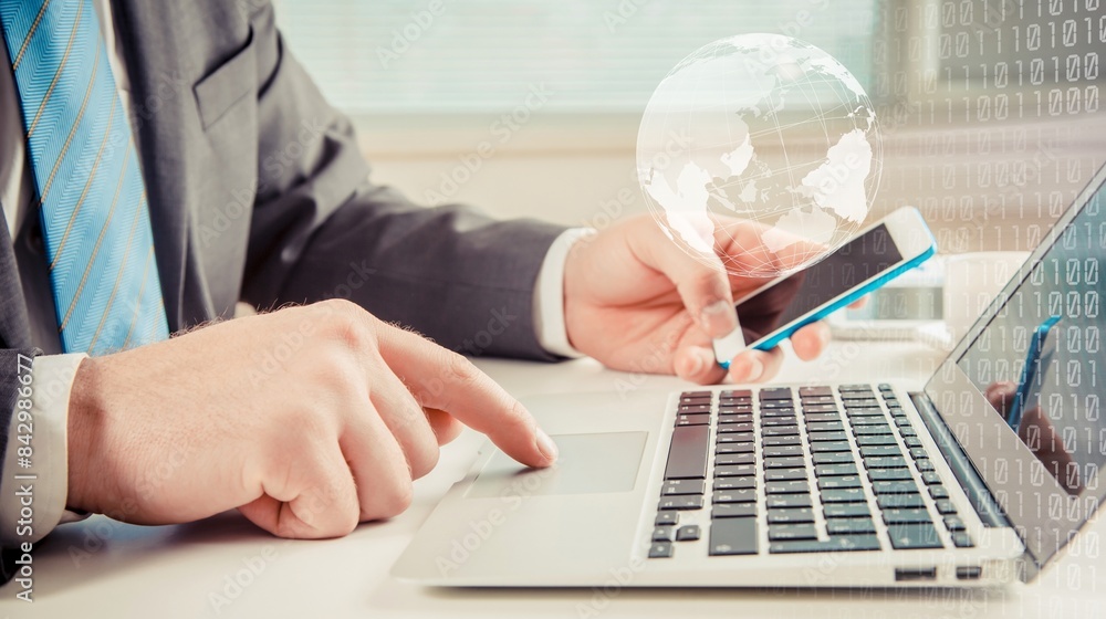 Poster data science. business man work on computer devices