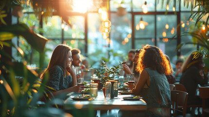 A group of friends enjoying dinner and drinks in a cozy, plant-filled restaurant, illuminated by warm, ambient lighting.

