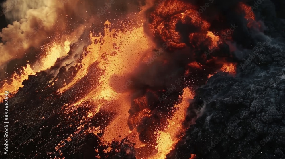 Poster a slowmotion video showing the intense heat and force of a pyroclastic flow scorching everything in 