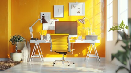 A bright yellow home office with a white desk, a yellow chair, and sun streaming in the window.