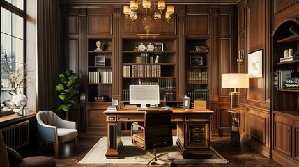 A classic wooden home office with a large desk, bookshelves, and a comfortable chair.  The room is filled with natural light and has a warm and inviting atmosphere.
