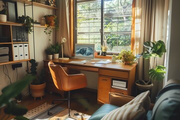 A cozy home office with a wooden desk, a comfortable chair, and plenty of natural light streaming in from the window.  Plants add a touch of life to the space.