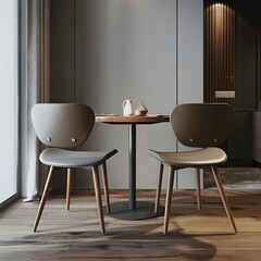 Scandinavian dining setup with gray chairs, wooden legs, round wooden table, minimalist room with natural light and wooden flooring