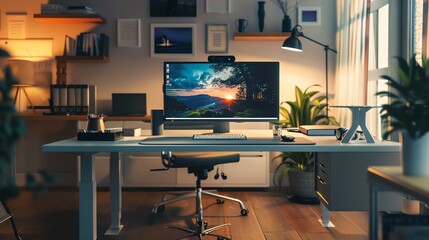 A modern home office with a computer, desk, chair, and plants.  The room is lit by natural light from a window and artificial light from lamps.