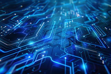 Obraz premium vibrant circuit board emitting blue energy represents innovation and technology. generative ai