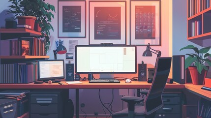 A modern home office with a desk, computer, and plants. The room is lit with warm light, creating a cozy atmosphere.