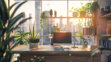 A modern home office with a desk, computer, and plants, bathed in warm sunlight streaming through a large window.