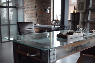A modern industrial office desk with a glass top and metal accents. The desk is set against a brick wall and features a leather chair.