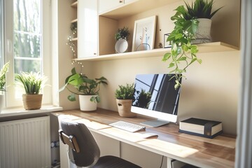 A modern home office with a wooden desk, computer, and plants. Sunlight streams through the window.