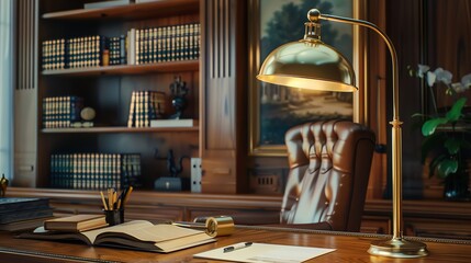 A vintage desk lamp illuminates a classic wooden desk with an open book, a pen, and a leather chair in a library setting.