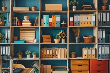 A well-organized bookshelf with colorful binders, books, and potted plants.  The shelves are against a blue wall.