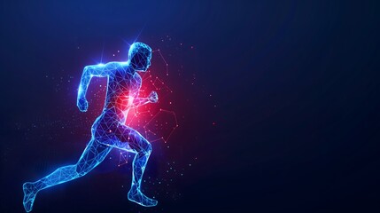 Glowing figure of runner blue and red light nodes and lines, futuristic digital art