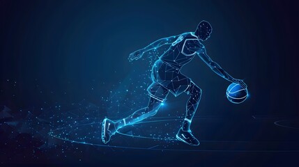 Obraz premium Futuristic basketball player silhouette, blue glowing lines and light nodes on dark background