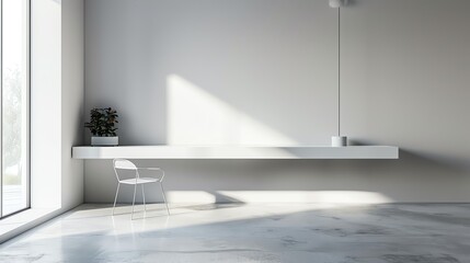 Fototapeta premium Minimalist home office with white desk, chair, and plant. Natural light streams in from window.