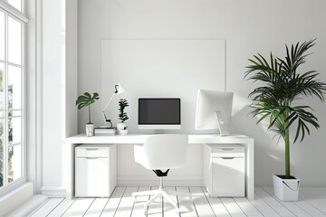 Minimalist home office with white desk, computer, and plants. Bright and airy space with natural light.