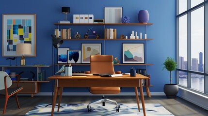 Modern home office with a blue wall, a large window with a city view, a wooden desk, and a leather chair.