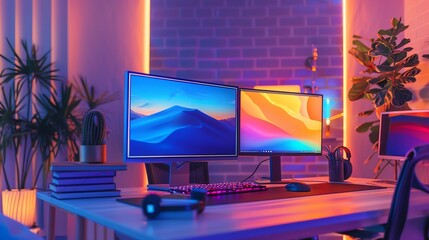 Modern home office with two monitors, plants, and colorful lighting.  A desk with a keyboard, mouse, and headphones.  A sleek, stylish workspace.