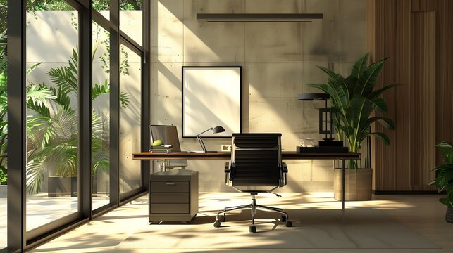 Modern home office with large windows, sunlight streaming in, and lush greenery.  Minimalist design with wooden desk and black office chair.