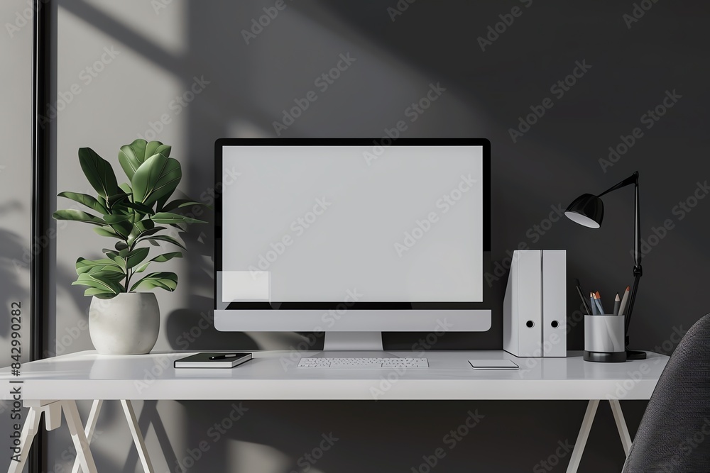 Poster modern minimalist home office with a blank computer screen, perfect for showcasing your design or we