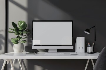 Modern minimalist home office with a blank computer screen, perfect for showcasing your design or website.