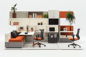Modern minimalist office workspace with modular furniture, plants, and ample storage.