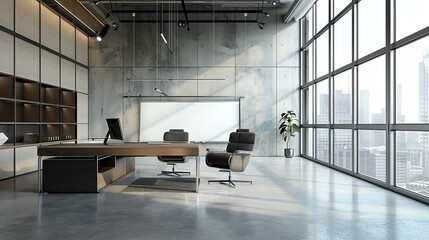 Modern office interior with large windows, concrete walls, and a sleek desk.  Sunlight streams through the windows.