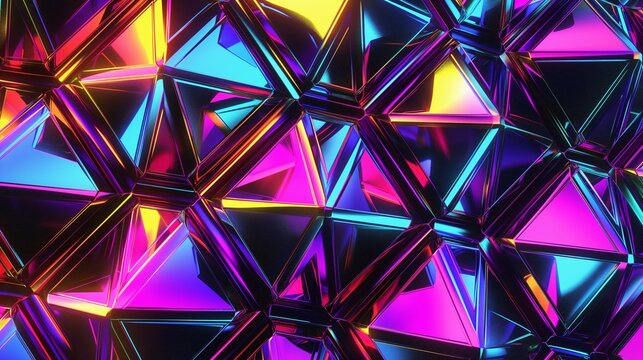 A background of geometric shapes, featuring triangles and hexagons in a tessellation, using vibrant hues of neon and metallic shades. - Powered by Adobe