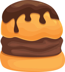 Round cake filled with chocolate cream and covered with melted chocolate topping isolated on white background