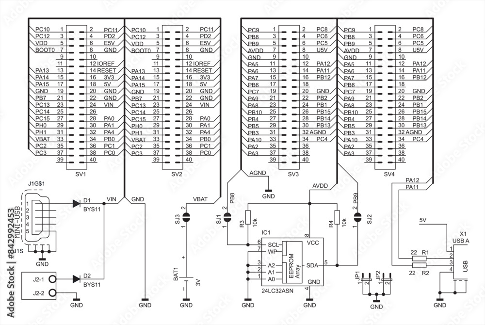 Poster schematic diagram of electronic device on sheet of paper. vector drawing electrical circuit with usb