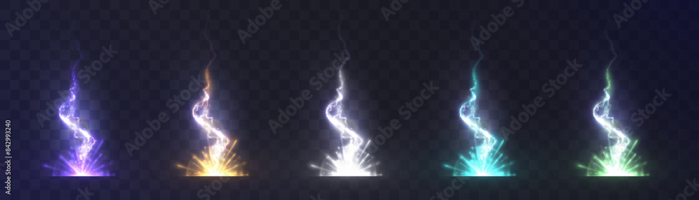 Aufkleber set of colorful electrical lightning discharges with glowing explosion effect with sparks and glare.