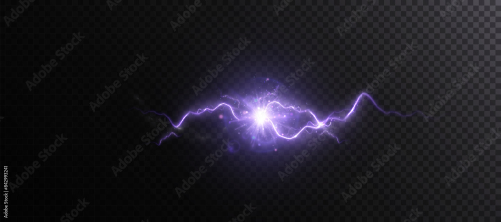 Poster Realistic bright electric lightning discharge with glowing explosion effect with sparks and glare.
