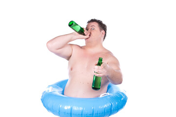 Funny fat man drinks beer and dreams of vacation. White background.