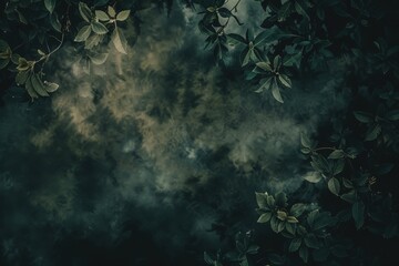 Green leaves surround a dark grunge background, creating a mysterious vibe. Textures and colors captivate with intriguing patterns. Vintage charm adds depth, perfect for creative projects