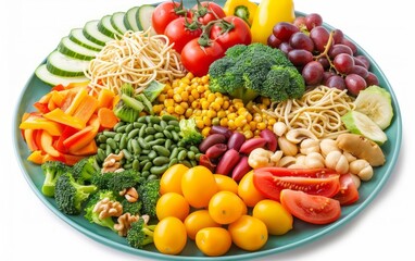 Balanced nutrition shown with a colorful plate of vegetables, fruits, and lean proteins