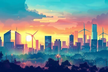 Fototapeta premium Clean energy depicted by a bright, pollutionfree skyline with solar and wind power