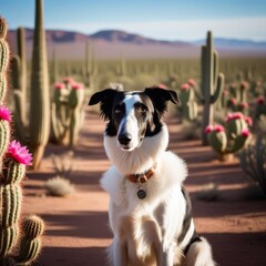 Fototapeta premium A cool Borzoi gazing curiously at a field of blooming cactus flowers in a desert landscape