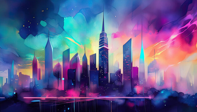 pintura o cuadro decorativo efecto acuarela pintura con colores fuertes y brillantes muy llamativo y colorido estilo divertido edificios y una ciudad con calles y rascacielos fondo para dise&ntilde;o