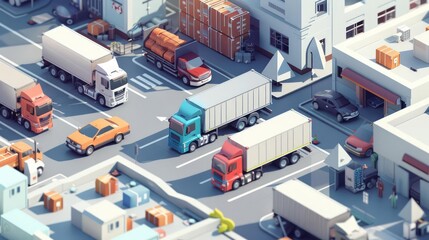 Distribution illustrated by a fleet of trucks and vans delivering goods to various locations