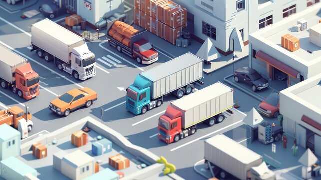 Distribution illustrated by a fleet of trucks and vans delivering goods to various locations