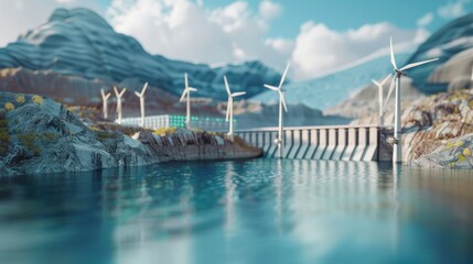 Hydroelectric dam and wind turbines supplying power in a mountainous landscape