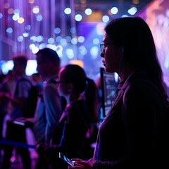 People enjoying a vibrant nighttime event with colorful lights and silhouettes in the foreground